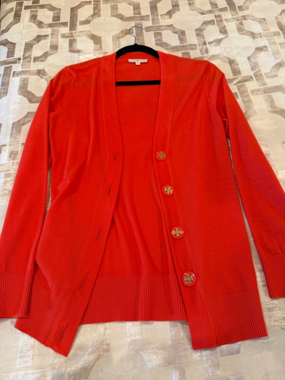 Tory Burch Coral orange/red Knit Cardigan with Logo Button